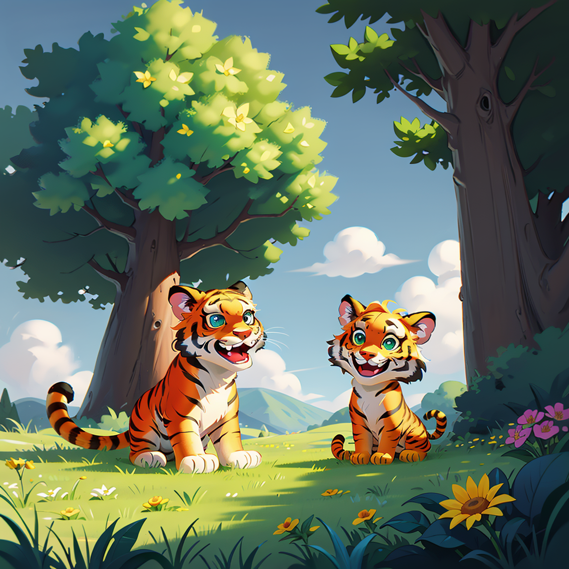 09536-1180287432-Euro American cartoon, art illustration, blue eyes, no man, flower, green eyes, grass, outdoors, nature, plant, sky, tree, tail,.png